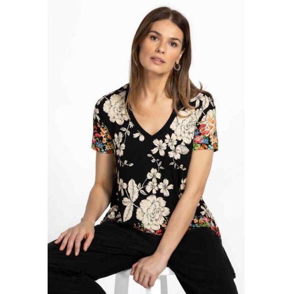 Johnny Was Redland Favorite Short Sleeve V Neck Swing Tee Special Shirt Black NW - Picture 2 of 15